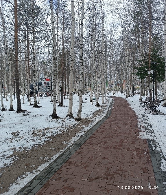 Фото парковой зоны: тропа, вымощенная плиткой,  окруженная деревьями,  по сторонам которой расположены скамейки (справа от тропы), чуть дальше расположена детская площадка (слева от тропы). 
